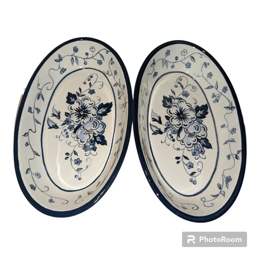 Lang Serving Bowls Earthenware Floral Blues Oval  set of 2 Blue white 9.75